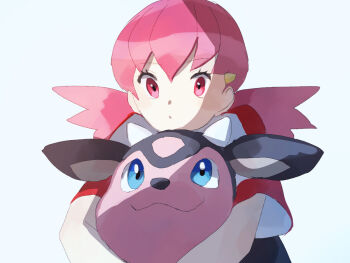 1girl :o closed_mouth commentary fusenryo gen_2_pokemon hair_ornament hairclip horns looking_down looking_up miltank nintendo pink_eyes pink_hair pokemon pokemon_(creature) pokemon_hgss red_shirt shirt short_sleeves simple_background smile twintails two-tone_shirt white_shirt whitney_(pokemon)