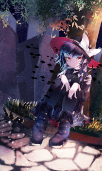 1girl absurdres alternate_costume alternate_eye_color black_boots black_choker black_collar black_hat black_shirt black_skirt boots bow choker closed_mouth collar grass hair_bow hat hat_bow hexagram highres jewelry leaning_back looking_at_viewer medium_hair muraryo necklace night pavement red_eyes red_nails shirt sitting skirt sky sleeve_cuffs solo star_(sky) starry_sky touhou tree usami_renko white_bow