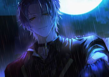 Rule 34 | 1boy, choker, clenched teeth, collared shirt, commentary, commentary request, curtained hair, deep dark for light (project sekai), fingernails, highres, huruk (slurp kk), kamishiro rui, looking at viewer, male focus, nipple piercing, official alternate costume, official alternate hairstyle, outdoors, partial commentary, piercing, project sekai, rain, shirt, short hair, smile, symbol-only commentary, teeth, wing collar