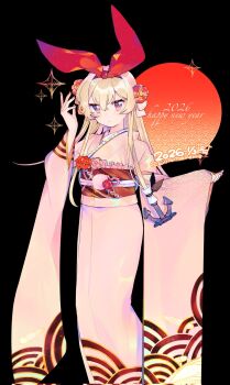 1girl 2026 alternate_costume anchor_hair_ornament black_background blonde_hair commentary_request eto_(etonomemo1008) flower frilled_kimono frills hair_flower hair_ornament hairband happy_new_year highres japanese_clothes kantai_collection kimono long_hair new_year obi pink_kimono purple_eyes red_hairband sash shimakaze_(kancolle) solo sparkle