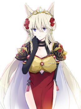 1girl animal_ears armor armored_dress black_gloves blonde_hair cat_ears cat_girl closed_mouth commentary_request dress elbow_gloves flower gloves hair_between_eyes hair_flower hair_ornament houkiri_nemu kage_no_jitsuryokusha_ni_naritakute! kage_no_jitsuryokusha_ni_naritakute!_master_of_garden lili_(kagejitsu) long_hair purple_eyes red_dress solo tiara very_long_hair