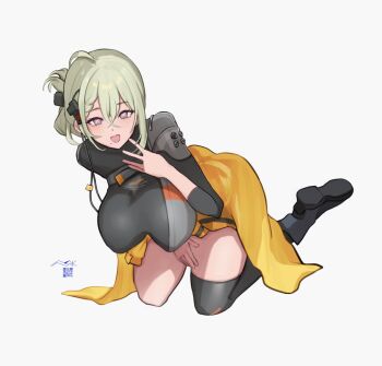 1girl bilingual_commentary black_bodysuit black_thighhighs blue_eyes blush bodysuit boots breasts commentary covered_groin de_lacey_(neural_cloud) english_commentary full_body girls&#039;_frontline girls&#039;_frontline_neural_cloud green_hair hair_ornament highres kneeling large_breasts long_hair looking_at_viewer mixed-language_commentary mole mole_under_mouth open_mouth single_thighhigh smile solo star-shaped_pupils star_(symbol) symbol-shaped_pupils thighhighs white_background yotsuyama_(yomo8ama)