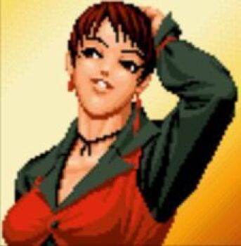 1girl breasts brown_eyes brown_hair dress earrings formal_clothes hand_up huge_breasts jewelry large_breasts long_sleeves necklace pale_skin short_hair smile suit tan the_king_of_fighters vice_(kof)