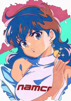 1girl blue_jacket breasts character_charm charm_(object) clothes_writing commentary ear_focus earrings flat_color glint head_tilt inky_(pac-man) jacket jewelry kanda_momo long_hair looking_at_viewer medium_breasts nail_polish namco off-shoulder_jacket off_shoulder open_clothes open_jacket pac-man pac-man_(game) parted_lips pink_nails shimadai587779 shirt sleeveless sleeveless_shirt solo turtleneck turtleneck_shirt wavy_hair white_shirt wonder_momo