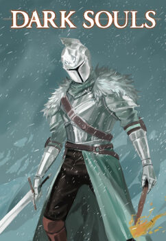 1other ambiguous_gender armor bearer_of_the_curse belt black_pants boots breastplate brown_belt brown_boots commentary_request copyright_name cowboy_shot dark_souls_(series) dark_souls_ii fire fur_collar green_shirt helm helmet highres holding holding_sword holding_torch holding_weapon krishi_wong other_focus pants shirt snowing solo sword torch weapon