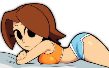Rule 34 | 1girl, aqua shorts, ass, bare shoulders, black eyes, blue shorts, breast press, breasts, brown hair, closed mouth, crop top, crossed arms, dolphin shorts, expressionless, from side, hollow eyes, looking at viewer, looking to the side, lying, medium breasts, medium hair, micro shorts, midriff, mii (nintendo), mii gunner, mii gunner (smash 4), nintendo, no pupils, on bed, on stomach, orange shirt, parted bangs, scott falco, shiny skin, shirt, short hair, short shorts, shorts, simple background, solid circle eyes, solid eyes, solo, sports bra, tank top, thick thighs, thighs, white background