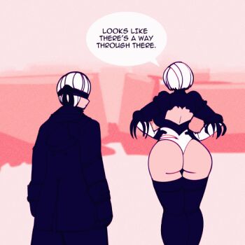 1boy 1girl animated animated_gif ass back_cutout boots cdlum clothing_cutout english_text hairband hands_on_own_hips huge_ass juliet_sleeves leotard long_sleeves nier_(series) nier:automata puffy_sleeves red_background short_hair thigh_boots thighhighs thighs white_hair 2b_(nier:automata) 9s_(nier:automata)