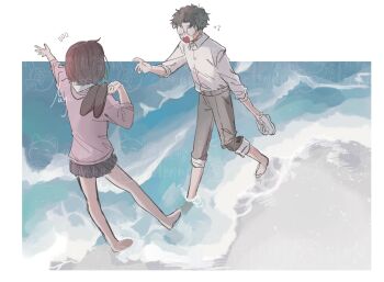 1boy 1girl ayase_momo barefoot beach black_hair blush border brown_hair collared_shirt dandadan full_body glasses grey_pants grey_skirt highres holding holding_shoes holding_unworn_clothes medium_hair n_nagi3 ocean outstretched_hand pants pants_rolled_up pink_sweater pleated_skirt round_eyewear school_uniform shirt shirt_under_sweater shoes short_hair skirt sleeves_rolled_up soaking_feet sweatdrop sweater takakura_ken_(dandadan) unworn_shoes wavy_mouth white_border white_shirt