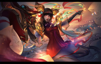absurdres black_gloves blunt_bangs bp30000 breasts brown_hair china_dress chinese_clothes chinese_new_year chinese_zodiac dragon dragon_lantern_zeri dress eastern_dragon elbow_gloves fingerless_gloves gloves gold_trim gun highres jacket lantern league_of_legends league_of_legends:_wild_rift medium_breasts medium_hair pantyhose paper_lantern red_dress red_eyes red_ribbon red_streaks ribbon short_dress weapon white_jacket white_pantyhose year_of_the_dragon zeri_(league_of_legends)