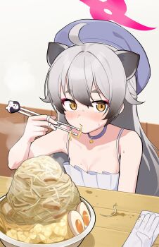 1girl absurdres ahoge animal_ears bare_shoulders bell blue_archive bowl breasts choker chopsticks cleavage commentary_request dress eating egg_(food) eyeshadow food food_in_mouth gloves glutton grey_hair halo hat highres holding holding_chopsticks indoors jingle_bell korean_commentary light_blush long_hair looking_at_viewer makeup michiru_(blue_archive) michiru_(dress)_(blue_archive) neck_bell noodles official_alternate_costume pink_halo purple_choker purple_hat raccoon_ears raccoon_girl ramen red_eyeshadow short_eyebrows small_breasts softboiled_egg solo sweat table too_much_food ujuro unworn_gloves white_dress white_gloves yellow_eyes