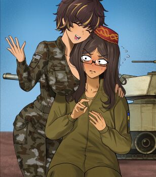 2girls absurdres american_flag between_breasts black_eyes blush breasts brown_hair cleavage closed_eyes crimean_tatar dark-skinned_female dark_skin embroidery face_to_breasts female_pervert fez_hat glasses hat head_between_breasts highres hug io_troublemaker military military_patch military_uniform military_vehicle mole mole_under_eye motor_vehicle multiple_girls nervous nervous_sweating non-web_source original outdoors patch pervert shefika_(usergore) shoulder_patch smile sweat tank ukrainian_flag yuri