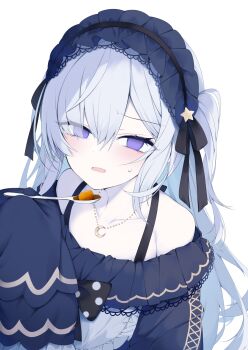 1girl black_bow black_dress black_hairband blush bow collarbone commentary_request dress empty_eyes food frilled_dress frilled_hairband frills grey_hair hair_between_eyes hairband highres holding holding_spoon long_sleeves looking_at_viewer mahou_shoujo_no_majo_saiban natsume_an-an nibiiro_shizuka off-shoulder_dress off_shoulder one_side_up parted_lips polka_dot polka_dot_bow purple_eyes simple_background sleeves_past_fingers sleeves_past_wrists small_sweatdrop solo spoon star_(symbol) sweat white_background