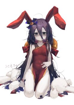 1girl absurdres animal_ears ap04astral bare_shoulders bell black_eyes black_hair blue_ribbon bow bracelet breasts button_hair_ornament china_dress chinese_clothes chuugoku_usagi colored_skin covered_navel dress fake_animal_ears full_body furrowed_brow hair_bell hair_between_eyes hair_bow hair_ornament hair_ribbon hairclip highres jewelry jingle_bell long_hair long_hair_between_eyes looking_at_viewer messy_hair pelvic_curtain rabbit_ears red_bow red_dress ribbon side_slit sleeveless sleeveless_dress small_breasts solo stuffed_animal stuffed_rabbit stuffed_toy very_long_hair voicevox white_background white_skin