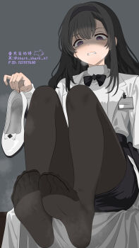 Rule 34 | 1girl, absurdres, arknights, black hair, feet, hairband, highres, long hair, pantyhose, parted lips, priestess (arknights), purple eyes, shaded face, shark shark xt, shoes, single shoe, soles, steam, toes, unworn shoes