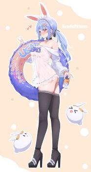 1girl absurdres animal_ears ass bare_shoulders black_choker black_thighhighs blush breasts can carrot_hair_ornament character_name choker clothes_writing commentary extra_ears food-themed_hair_ornament full_body grin hair_ornament hair_ribbon hairclip hand_up high_heels highres holding holding_can holding_swim_ring hololive innertube long_hair long_shirt long_sleeves looking_at_viewer maid_headdress medium_breasts naked_shirt off-shoulder_shirt off_shoulder official_alternate_hairstyle parallel_hairclips pekomon_(usada_pekora) platform_heels puffy_long_sleeves puffy_sleeves rabbit_ears rabbit_girl rabbit_tail red_eyes ribbon see-through_clothes see-through_shirt shirt smile solo standing swim_ring tail thighhighs twintails usada_pekora v virtual_youtuber white_shirt zetacat