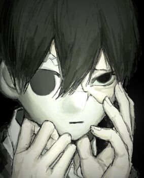 Rule 34 | 1boy, :|, black background, black eyes, black hair, broken mask, closed mouth, collared shirt, cracked kawaii mask, cracked mask, double-parted bangs, dual persona, empty eyes, fingernails, hair between eyes, hands on own cheeks, hands on own face, hands up, hashtag-only commentary, highres, looking at viewer, male focus, mask, no pupils, omori, omori (omori), painterly, portrait, revealing layer, shirt, short hair, simple background, solo, sunny (omori), very short hair, waguwagu090908, white mask, white shirt