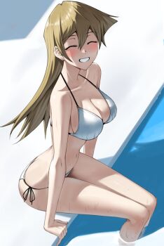 1girl arm_support backlighting bare_arms bare_shoulders bikini blush breasts brown_hair closed_eyes commentary double-parted_bangs facing_viewer from_side grin hair_between_eyes large_breasts long_hair navel poolside rourou_ill shadow side-tie_bikini_bottom sitting smile soaking_feet solo string_bikini swimsuit symbol-only_commentary tenjouin_asuka water wet white_bikini yu-gi-oh! yu-gi-oh!_gx