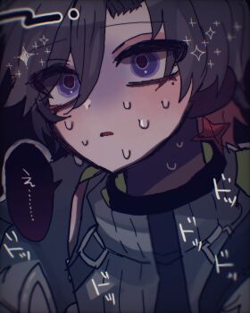 Rule 34 | 1boy, blue eyes, coat, earrings, eyes visible through hair, genshin impact, grey hair, hair between eyes, hair over one eye, highres, illuga (genshin impact), jewelry, kyukyu tata, male focus, mole, mole under eye, multicolored hair, red hair, single earring, sleeveless, sleeveless turtleneck, solo, speech bubble, sweatdrop, sweater, turtleneck, turtleneck sweater, two-tone hair