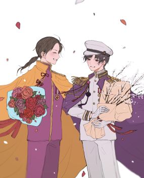 00benishake00 2boys aiguillette axis_powers_hetalia black_hair bouquet branch brown_eyes brown_hair buttons cape cherry_blossoms china_(hetalia) closed_eyes commentary_request cowboy_shot epaulettes floating_cape floating_hair flower gloves hat highres holding holding_bouquet jacket japan_(hetalia) leaf long_hair long_sleeves looking_at_another low_ponytail male_focus medal military military_hat military_jacket military_uniform multiple_boys orange_cape pants peaked_cap petals pink_flower pink_rose ponytail purple_cape purple_jacket purple_pants red_flower red_ribbon red_rose ribbon rose short_hair simple_background smile standing teeth white_background white_flower white_gloves white_hat white_jacket white_pants