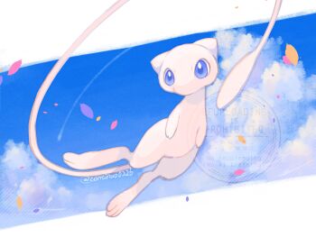 Rule 34 | blue eyes, commentary, continuo0226, day, floating, gen 1 pokemon, highres, legendary pokemon, mew (pokemon), mythical pokemon, nintendo, no humans, petals, pokemon, pokemon (creature), pokemon focus, sky, symbol-only commentary, twitter username, watermark