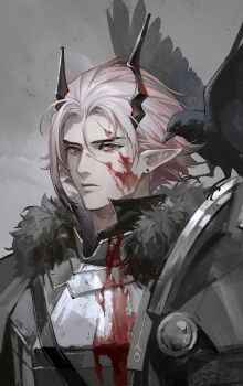 1boy absurdres arknights armor bird black_horns blood blood_on_armor blood_on_face chinese_commentary closed_mouth commentary_request crow earrings fur_trim grey_background hair_between_eyes hanmaodou47529 highres horns jewelry male_focus pink_hair pointy_ears red_eyes short_hair solo stud_earrings theresis_(arknights) upper_body
