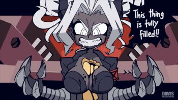 1girl animated animated_gif armband artist_name between_breasts black_jacket blazer breasts claws commentary crazy_eyes crazy_grin crazy_smile dark-skinned_female dark_skin demon_girl demon_horns diives drooling english_commentary english_text evil_grin evil_smile fangs food furrowed_brow grabbing_another&#039;s_breast grabbing_own_breast grin groping heart helltaker horns jacket judgement_(helltaker) large_breasts letterboxed looking_at_object looking_at_viewer medium_hair messy_hair pancake raised_eyebrow red_armband revealing_clothes ringed_eyes sexually_suggestive sharp_teeth sidelocks simulated_paizuri smile solo speech_bubble spoken_heart suggestive_fluid talking teeth twintails v-shaped_eyebrows white_eyes white_hair