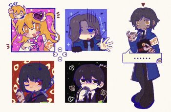 1boy 4girls armband black_eyes black_hair blonde_hair blue_coat blue_eyes blue_necktie bob_cut brown_eyes brown_hair clenched_hand coat don_quixote_(project_moon) e.g.o_(project_moon) hand_up highres in_the_name_of_love_and_hate_(e.g.o) limbus_company lobotomy_corporation_(identity)_(project_moon) multiple_girls necktie one_eye_closed ootachi open_mouth orange_armband orange_eyes outis_(project_moon) project_moon red_eyes red_eyes_(e.g.o) rodion_(project_moon) ryoshu_(project_moon) short_hair simple_background solemn_lament_(e.g.o) the_sword_sharpened_with_tears_(e.g.o) white_background yesheng_zong_ren yi_sang_(project_moon)