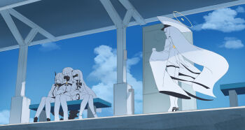 4girls absurdres blue_archive blue_sky closed_eyes cloud colored_skin commentary_request cup doumu_(31678316) ein_(blue_archive) halo hat highres holding holding_cup large_hat long_hair malkuth_(blue_archive) multiple_girls ohr_(blue_archive) pale_skin siblings sisters sky sleeping sof_(blue_archive) train_station train_station_platform very_long_hair white_hair white_skin yellow_halo