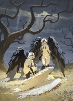1other 2girls bare_tree barefoot bird black_hair black_wings blonde_hair blood blood_on_face blood_on_mouth breasts cloud cloudy_sky commentary convenient_censoring feathers harpy highres looking_at_viewer lying monster_girl multicolored_hair multiple_girls original sky squatting standing streaked_hair timbougami tree two-tone_hair white_hair white_wings wings