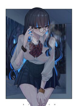 1girl black_hair blue_hair bracelet fate/grand_order fate_(series) grey_eyes highres jewelry long_hair rain ribbon round_eyewear school_uniform skirt solo suhyeon tenochtitlan_(fate) thighs wavy_hair wet wet_clothes