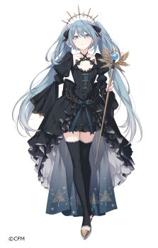 Rule 34 | 1girl, aqua eyes, aqua hair, black dress, black thighhighs, dress, full body, hatsune miku, high-low dress, highres, holding, holding staff, juliet sleeves, long hair, long sleeves, puffy sleeves, simple background, solo, staff, standing, thighhighs, tomari (veryberry00), twintails, vocaloid, white background, wide sleeves
