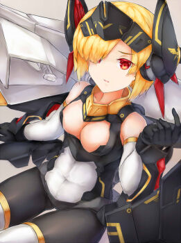 1girl bare_shoulders black_bodysuit black_gloves blonde_hair bodysuit breasts bullet_knights_launcher cleavage cleavage_cutout clothing_cutout commentary cowboy_shot detached_sleeves gloves hair_over_one_eye hand_up headpiece highres lin_yu medium_breasts megami_device multicolored_bodysuit parted_lips red_eyes short_hair sitting solo thighs two-tone_bodysuit white_bodysuit white_sleeves