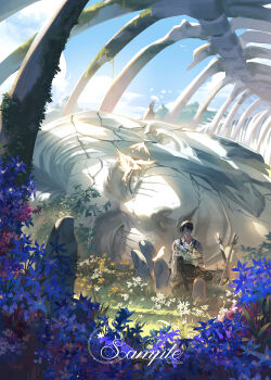 2boys bandages bandages_over_eyes black_hair blue_flower broken_statue collared_shirt cracked_skin eren_yeager facial_mark flower highres in_palm levi_(shingeki_no_kyojin) lilypsiren male_focus multiple_boys parted_bangs sample_watermark shingeki_no_kyojin shirt short_hair sitting skeleton spine watermark white_shirt