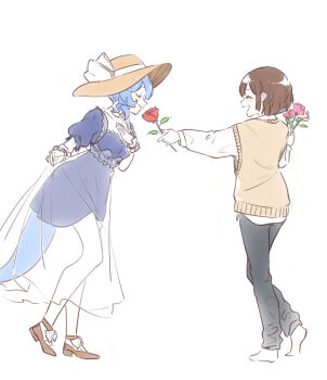 2girls bao_the_whale blue_dress blue_eyes bob_cut breasts brown_hair commentary curtsey dress english_commentary fins fish_tail flower hat highres holding holding_flower indie_virtual_youtuber long_skirt multiple_girls original pink_flower pink_rose red_flower red_rose rose see-through_clothes see-through_skirt short_dress short_hair skirt skirt_hold small_breasts sweater_vest tail tama_gotoh virtual_youtuber wrist_cuffs yellow_sweater_vest yoruny