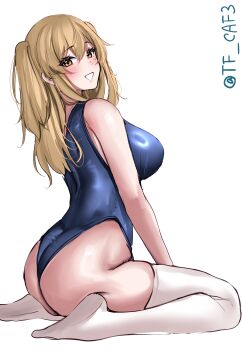1girl absurdres ass blue_one-piece_swimsuit blush breasts brown_eyes brown_hair hair_between_eyes hairband highres i-26_(kancolle) kantai_collection large_breasts long_hair looking_at_viewer multicolored_hairband new_school_swimsuit one-hour_drawing_challenge one-piece_swimsuit open_mouth school_swimsuit sitting smile solo swimsuit tf_cafe thighhighs twitter_username two_side_up white_thighhighs