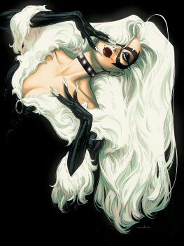 1girl artist_name artist_request black_bodysuit black_cat_(marvel) black_choker black_eyeshadow black_gloves black_mask bodysuit breasts choker claws cleavage closed_mouth collarbone domino_mask english_text eye_mask eyeshadow feet_out_of_frame fur-trimmed_sleeves fur_trim gloves hair_over_one_eye highres long_hair makeup marvel mask red_lips spider-man_(series) wavy_hair western_comics_(style) white_eyes white_hair