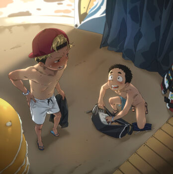 2boys abs absurdres backwards_hat bag bar_censor bare_arms bare_pectorals bare_shoulders baseball_cap beach black_hair bleached_hair blonde_hair blush bracelet bulge censored clip_studio_paint_(medium) clothed_male_nude_male cloud cloudy_sky commentary_request drawstring duffel_bag ear_blush erection erection_under_clothes flaccid flip-flops from_above full_body glimo hand_on_own_hip hat highres innertube jewelry jitome kneeling life_vest looking_at_another male_focus male_swimwear multicolored_hair multiple_boys muscular muscular_child navel nipples nude open_mouth original outdoors pectorals penis pointless_censoring sand sandals seashell shell short_hair shorts shota sky standing swim_ring swim_trunks swimsuit tan tanline tareme teeth testicles topless_male towel water wet white_male_swimwear white_swim_trunks yaoi