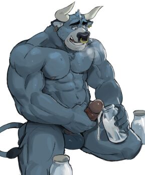 1boy abs animal_ears bara biceps bright_pupils broad_shoulders chest_tuft completely_nude cow_boy cow_ears cow_horns cow_tail cum cum_in_container cumdrip ear_tag earrings face_piercing frown furry furry_male heavy_breathing holding holding_jar horns jar jewelry large_pectorals large_penis large_testicles male_focus masturbation muscular muscular_arms muscular_male navel nipples nose_piercing nose_ring nude open_mouth original pectorals penis piercing saltypoundcake seiza shiny_skin simple_background sitting solo spread_legs sweat tail testicles thick_eyebrows thick_thighs thighs veins veiny_arms white_background white_pupils