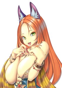 1girl animal_ears armlet belladonna_(seiken_densetsu_3) bracelet breasts cat_ears cleavage fangs green_eyes highres isabella_(seiken_densetsu_3) jewelry large_breasts long_hair nail_polish necklace open_mouth red_hair saliva seiken_densetsu seiken_densetsu_3 sharp_nails slit_pupils