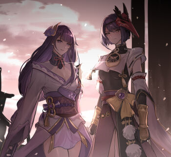 2girls bird_mask black_hair braid breasts cleavage clenched_hands closed_mouth cloud cloudy_sky commentary detached_sleeves falling_petals flower genshin_impact gloves hair_ornament haze_(ha_ze) highres japanese_clothes kimono kujou_sara large_breasts long_hair looking_at_viewer mask mask_on_head mitsudomoe_(shape) mole mole_under_eye multiple_girls obi obiage obijime outdoors parted_lips petals purple_eyes purple_flower purple_hair raiden_shogun ribbon sash short_hair sky tassel tomoe_(symbol) very_long_hair vision_(genshin_impact) yellow_eyes