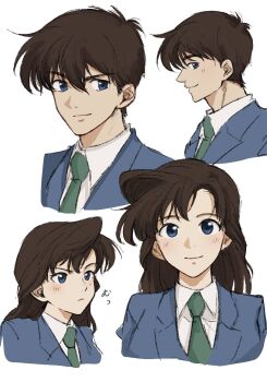 Rule 34 | 1boy, 1girl, a ma0116, blue eyes, blue jacket, brown hair, closed mouth, cocked eyebrow, collared shirt, cropped torso, green necktie, hair between eyes, highres, jacket, kudou shin'ichi, light blush, light smile, long hair, meitantei conan, mouri ran, necktie, parted bangs, school uniform, shirt, short hair, suit jacket, swept bangs, upper body, white shirt