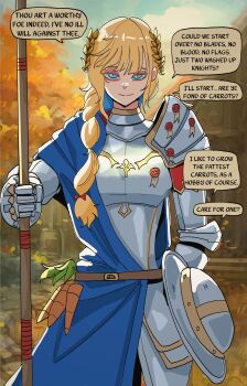 1girl absurdres armor autumn autumn_leaves basedbinkie blonde_hair blue_cape blue_eyes braid breastplate bridal_gauntlets cape carrot commentary cowboy_shot english_commentary english_text flayne_(basedbinkie) hand_on_own_hip highres laurel_crown leaf long_hair looking_at_viewer original planted planted_polearm polearm sidelocks single_braid solo spear tree weapon