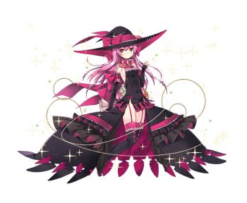 Rule 34 | 1girl, bare shoulders, belt, belt collar, black dress, black thighhighs, blush, bow, breasts, collar, covered navel, detached sleeves, dress, earrings, full body, gloves, hair between eyes, hand up, hat, hat belt, hat bow, highres, jewelry, kai-ri-sei million arthur, kaku-san-sei million arthur, large hat, long hair, looking at viewer, million arthur (series), nimue (kaku-san-sei million arthur), official art, pink bow, pink hair, red belt, red collar, red eyes, refeia, side slit, simple background, small breasts, solo, thighhighs, white background, witch, witch hat