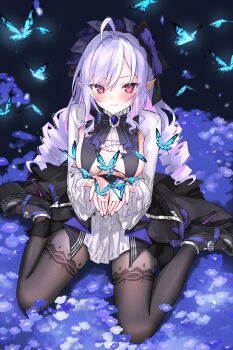 1girl absurdres ahoge ascot black_nails black_pantyhose blue_butterfly blush bow bowtie breasts bug butterfly commentary_request devil_heavens drill_hair flower gem hands_up high_heels highres insect long_hair long_sleeves looking_at_viewer mole mole_under_eye multicolored_hair pantyhose patterned_legwear pointy_ears purple_ascot purple_bow purple_bowtie purple_flower purple_gem purple_hair red_eyes shrug_(clothing) sideboob_cutout sitting smile solo streaked_hair vivian_banshee wariza white_shrug zenless_zone_zero
