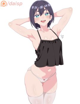 1girl absurdres armpits arms_behind_head artist_name bare_shoulders blush breasts cameltoe camisole cleavage collarbone cowboy_shot gluteal_fold green_eyes hair_between_eyes haraga_kurumi highres hmangadd kimi_no_koto_ga_dai_dai_dai_dai_daisuki_na_100-nin_no_kanojo looking_at_viewer medium_breasts midriff navel open_mouth panties patreon_logo patreon_username purple_hair short_hair simple_background skindentation smile solo spaghetti_strap standing teeth thighhighs underwear upper_teeth_only white_background white_panties white_thighhighs