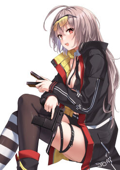 1girl absurdres ahoge asymmetrical_legwear bikini bikini_top_only black_bikini black_coat black_necktie black_shorts black_thighhighs breasts brown_hair c96_(girls&#039;_frontline) c96_(mod3)_(girls&#039;_frontline) cleavage clip_(weapon) coat eyewear_on_head girls&#039;_frontline gun hair_between_eyes handgun headphones headphones_around_neck highres holding holding_gun holding_weapon long_hair long_sleeves looking_at_viewer mauser_c96 medium_breasts mismatched_legwear mod3_(girls&#039;_frontline) necktie open_clothes open_coat open_mouth red_eyes short_shorts shorts simple_background sitting sn_kaze solo striped_clothes striped_thighhighs sunglasses swimsuit thigh_strap thighhighs weapon white_background