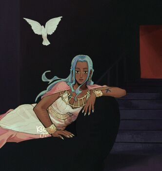 1girl alternate_skin_color bird blue_eyes bracelet commentary dark-skinned_female dark_skin dove dress earrings english_commentary gold_bracelet gold_earrings highres jewelry keb_(k3bchu) long_hair nefertari_vivi one_piece parted_lips solo stairs white_dress white_nails