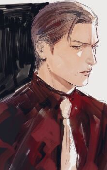 Rule 34 | 1boy, ahoge, brown eyes, brown hair, commentary request, hair slicked back, highres, male focus, mine yoshitaka, necktie, no jacket, portrait, red shirt, ryuu ga gotoku (series), ryuu ga gotoku 3, shirt, short hair, solo, tyag53