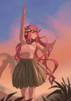 1girl absurdres alternate_costume armpits bead_necklace beads blue_eyes breasts commentary dancer dancing english_commentary flower hawaiian_clothes head_wreath heterochromia highres hololive hololive_english horns hula irys_(hololive) jewelry long_hair multicolored_hair necklace palm_tree pointy_ears purple_eyes purple_hair red_hair shift_(shiftillust) smile solo stomach streaked_hair tree tropical very_long_hair virtual_youtuber