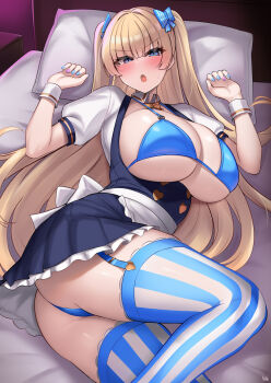 (michihasu) 1girl artist_request bikini blonde_hair blue_bikini blue_eyes breasts cleavage copyright_request huge_breasts ktn_kuta lina lina_bell_roll long_hair original skirt solo striped_clothes striped_thighhighs suspender_skirt suspenders swimsuit thighhighs